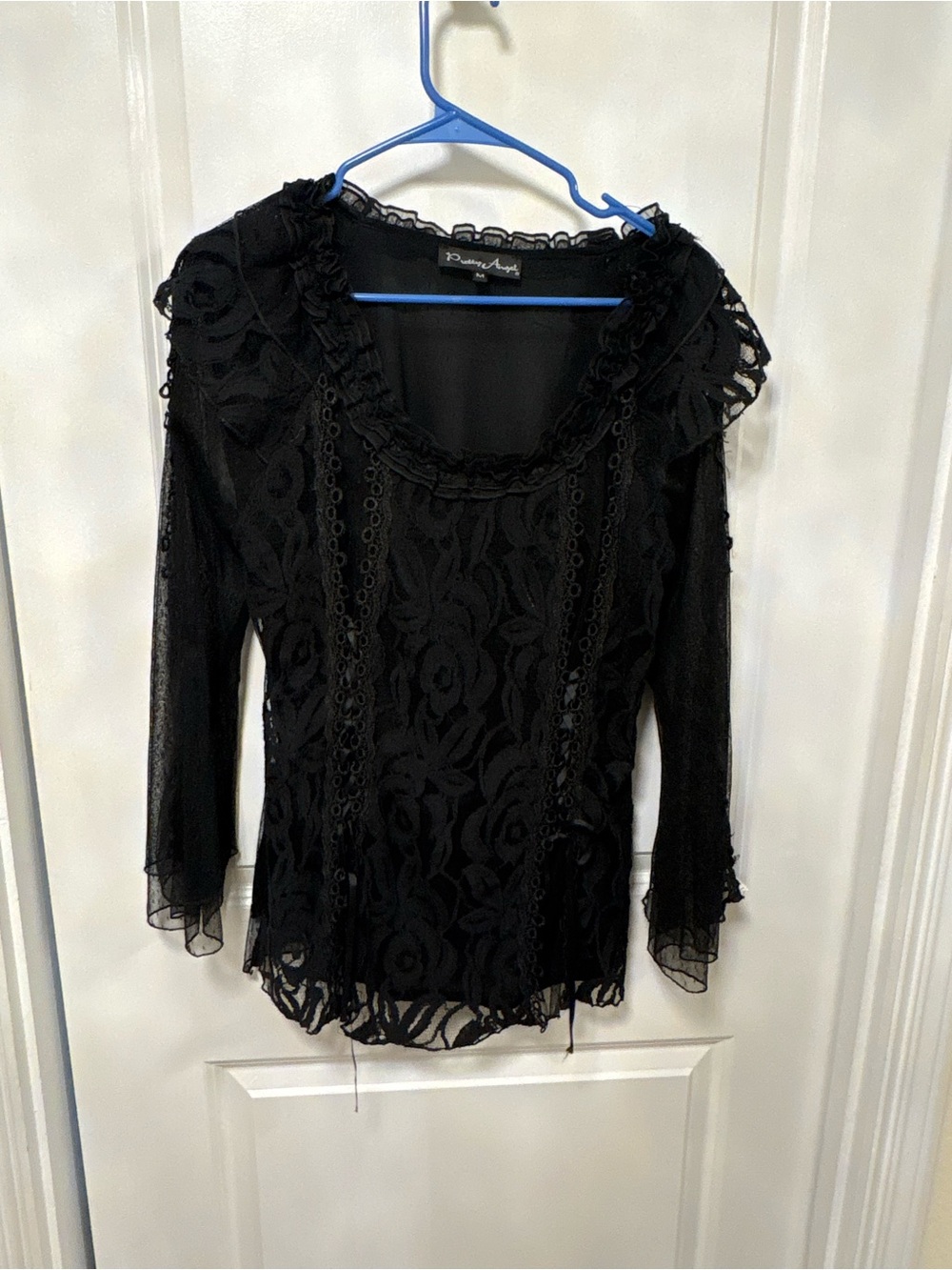 Pretty Angel Black Floral Lace Ruffle-Trim Long Sleeve Top